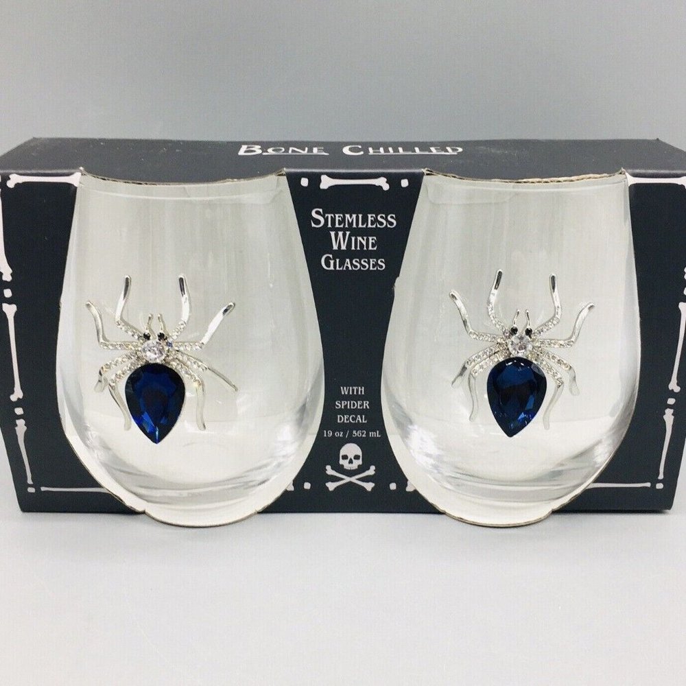 x2 Halloween Rhinestone Silver Spider Blue Jeweled Stemless Wine Glass Set Bling